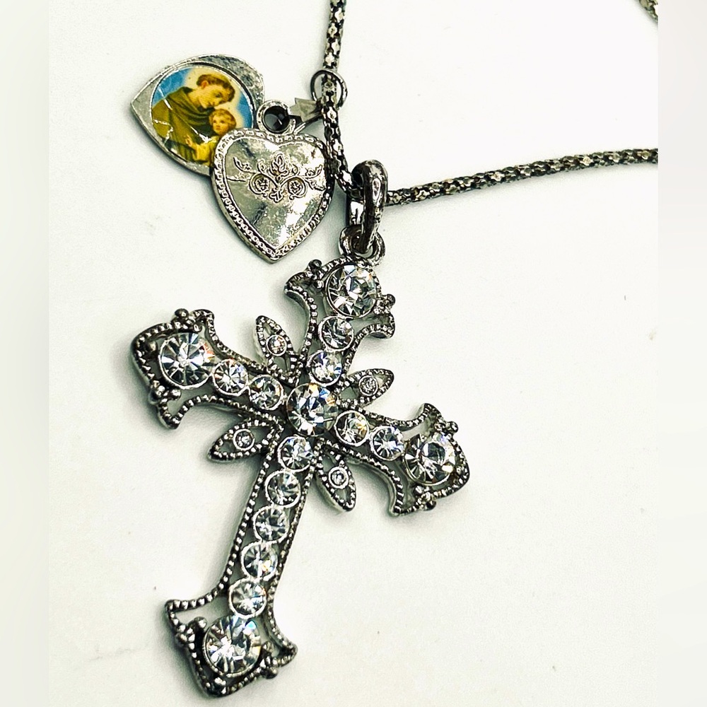 Gothic Rhinestone Cross Necklace with Catholic Prayer Saint Joseph Heart Charm